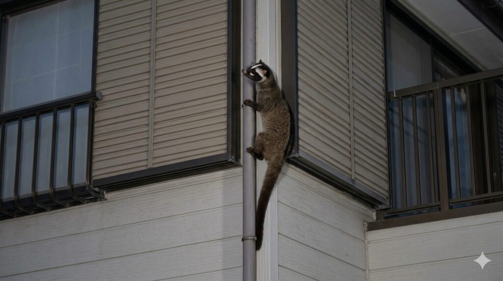 住宅の雨樋を器用に登り、ベランダへ侵入しようとするハクビシンの様子
