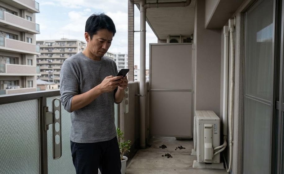 マンションのベランダでハクビシンの被害を発見し、管理組合や管理会社への連絡を検討する日本人男性