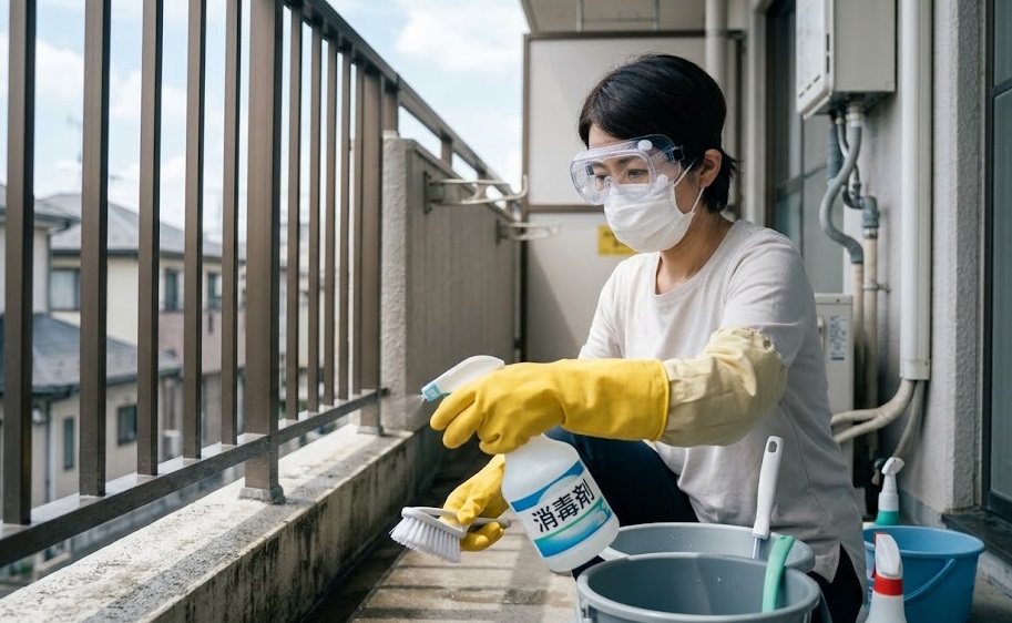 マスクや手袋、ゴーグルを着用し、次亜塩素酸ナトリウムでベランダを安全に消毒掃除する様子