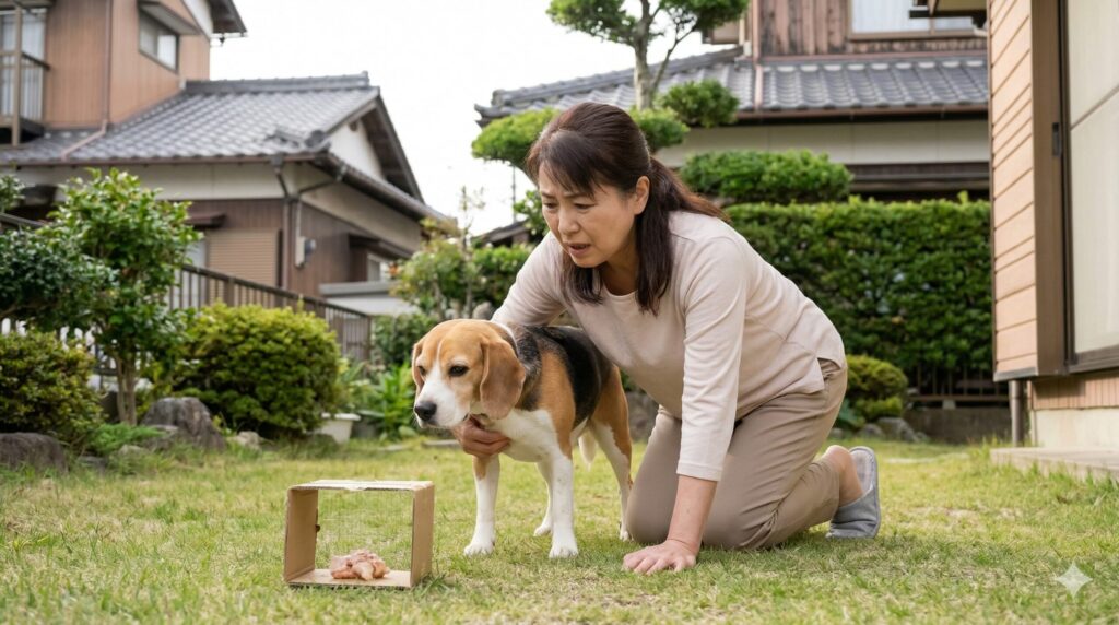 自作の毒餌から愛犬を慌てて引き離す日本の女性。ペットへの誤飲リスクと危険性を描写。
