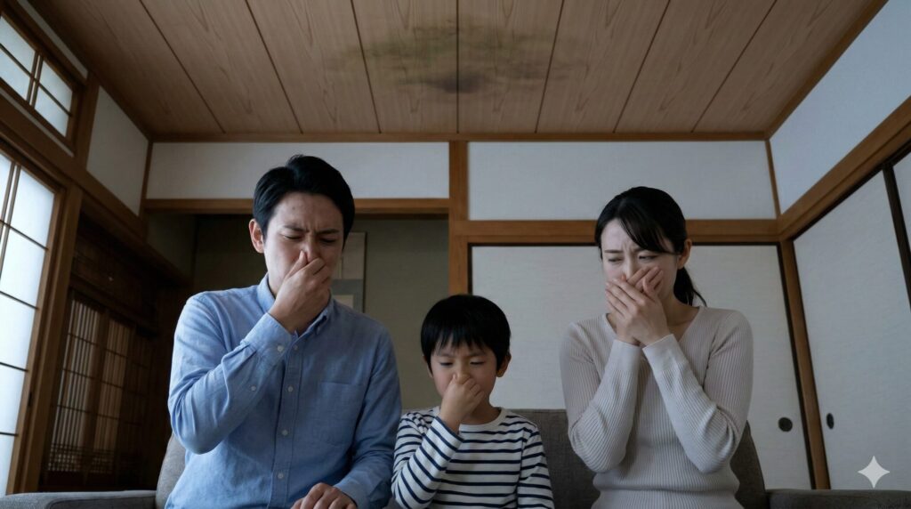 天井からの激しい悪臭に顔をしかめる日本の家族。屋根裏での死骸腐敗による二次被害を視覚化。