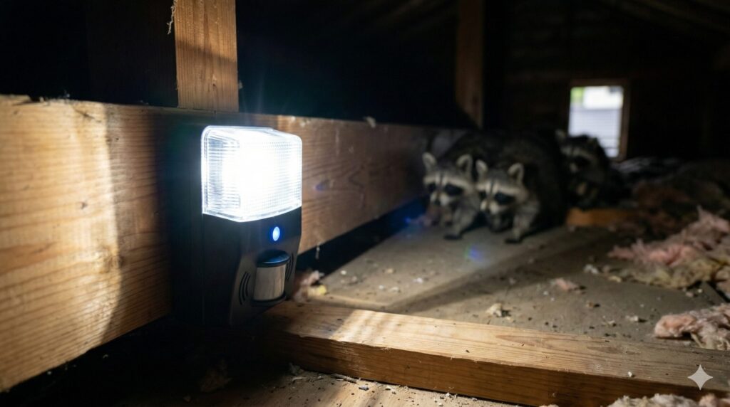 日本の住宅の屋根裏で、強力なLEDフラッシュライトと超音波発生器によって撃退されるアライグマの群れ。合法的な追い出し対策。