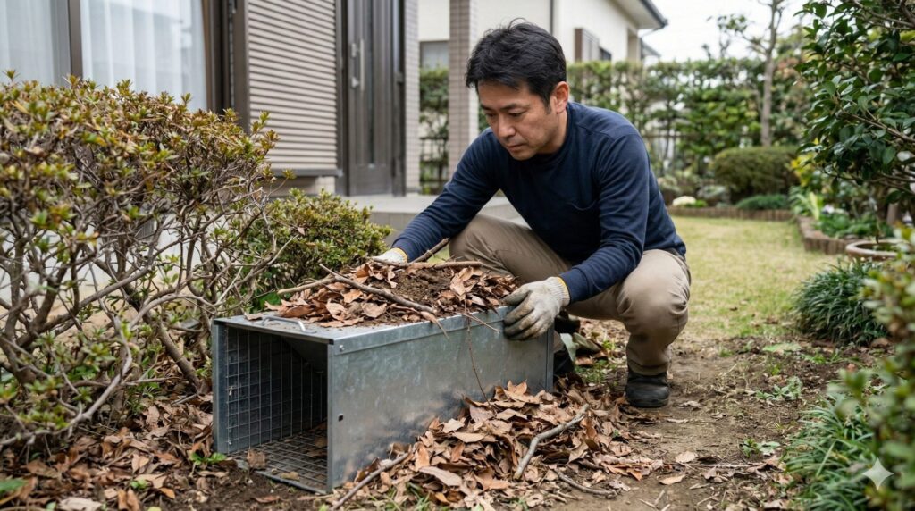 自宅の庭に捕獲器（箱罠）を設置し、落ち葉や土でカモフラージュする日本の男性。許可申請後の適法な捕獲作業。