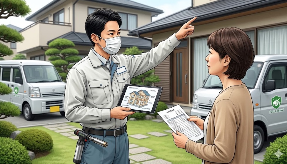 日本の女性住宅主に、詳細な見積もりと屋根裏の点検結果をデジタルタブレットで説明する優良な害獣駆除業者。信頼できる業者の選び方。