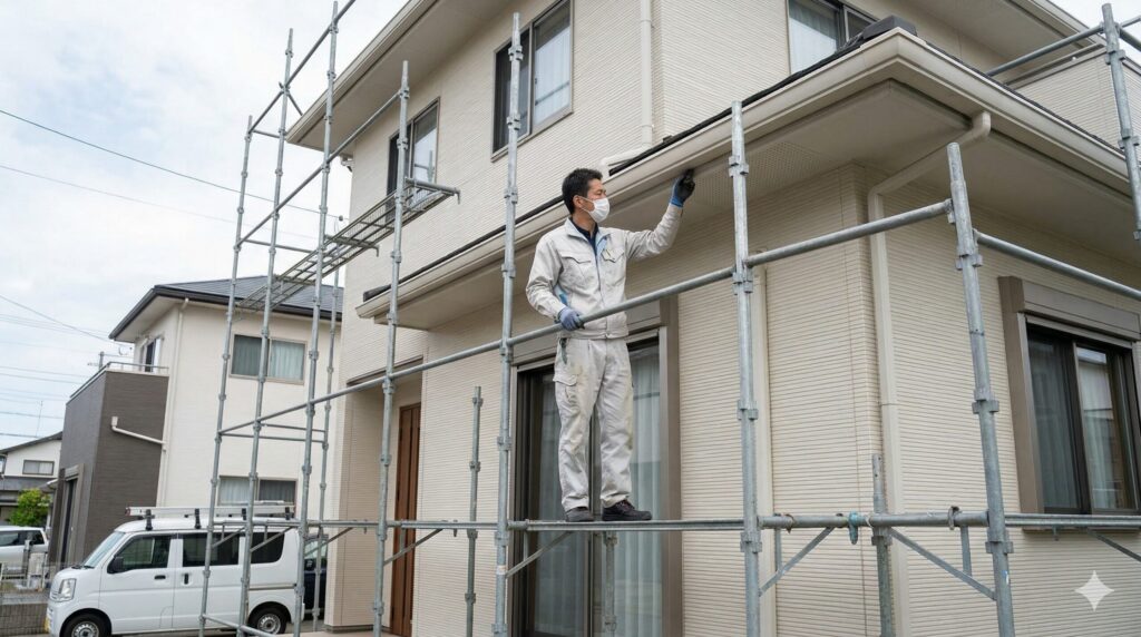 一般的な日本の住宅の外壁に設置された金属製の仮設足場と、その上で屋根付近を調査する作業員の様子。