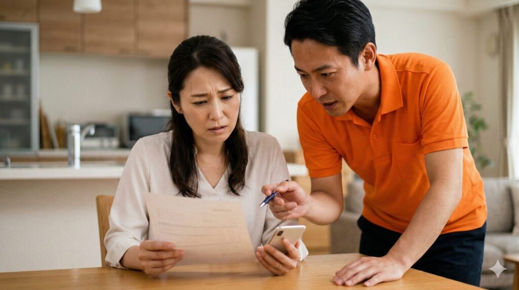 自宅の食卓で、強引な態度の男性営業マンから提示された高額な見積書を不安そうに見つめる日本人女性。悪徳業者の不安を煽る手口や即日契約を迫る状況を表現。