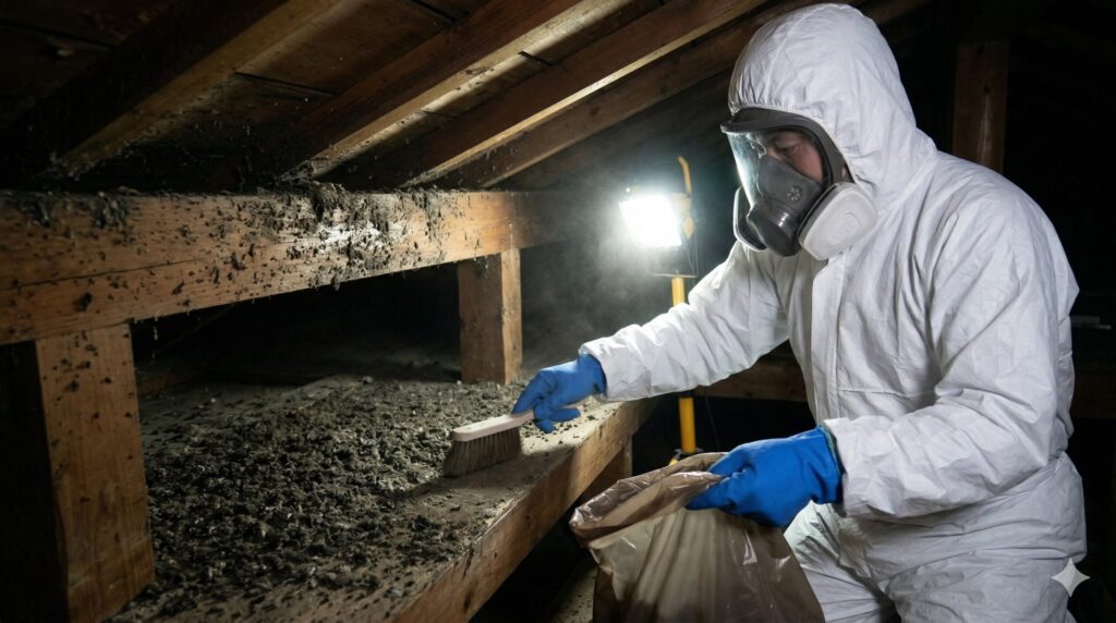 住宅の屋根裏で、大量に堆積したコウモリの糞(グアノ)を、防護服と高性能マスクを着用した専門業者が専用の掃除機で慎重に清掃する様子。糞による健康被害のリスクと専門的な除染作業の必要性を強調。