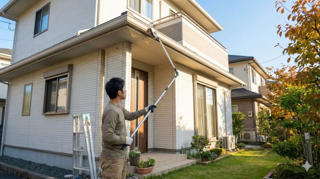 の夕暮れ、自宅の外壁の隙間(通気口など)を、市販のコーキング剤とパテを使って丁寧に塞ぐ日本人男性。被害が軽微なうちに自分で行う初期対策が、将来の高額な駆除費用を抑える事前対策となることを示す。