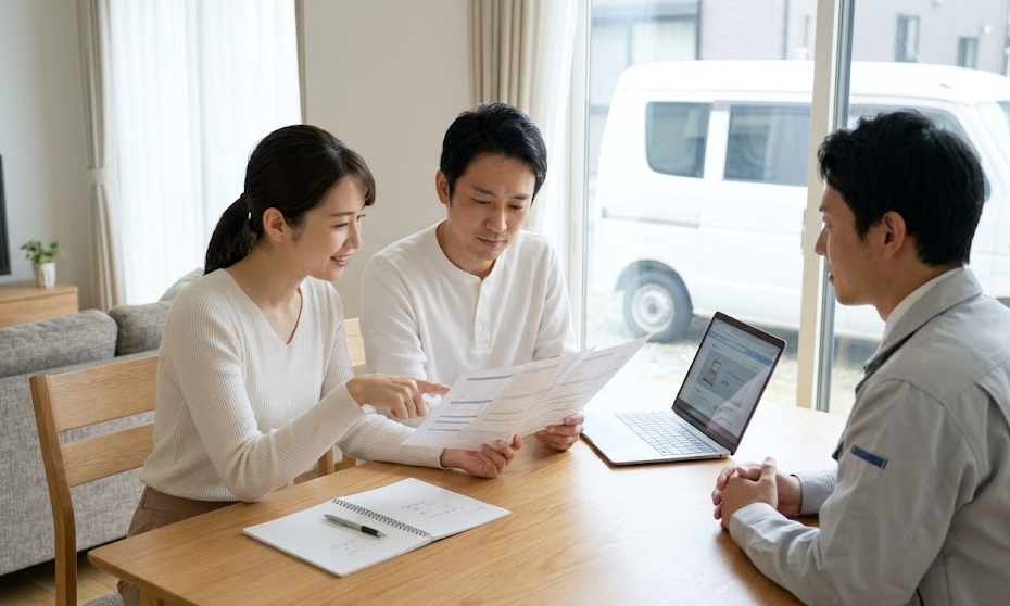 自宅のリビングで、複数の異なる駆除業者から受け取った見積書を並べ、内容と金額を比較検討する日本人夫婦。相見積もりを徹底し、内訳の論理性や保証の有無を確認することが、優良業者選びのコツであることを視覚的に伝える。