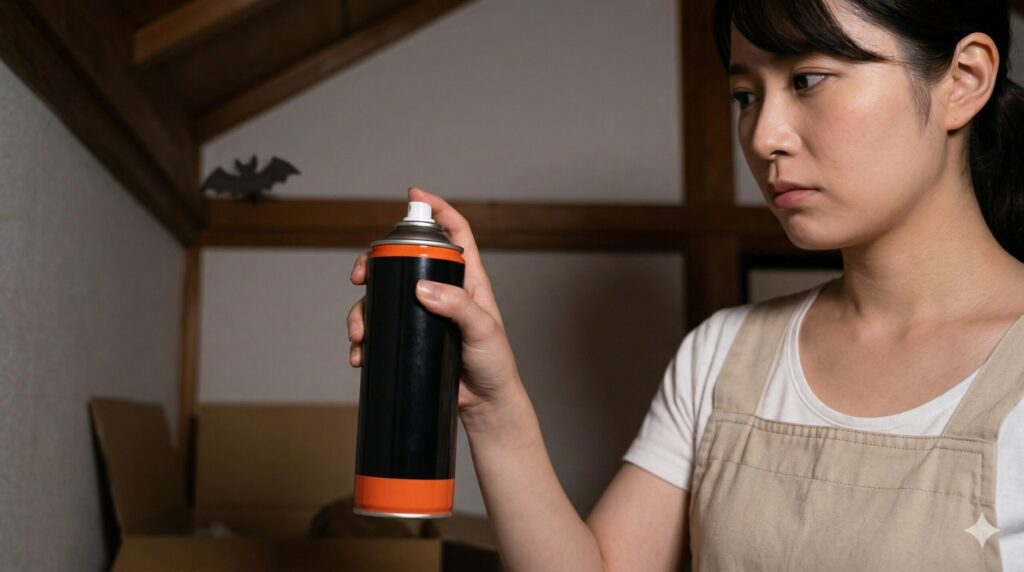 コウモリに殺虫剤をかけるか迷う日本人女性と薄暗い屋根裏の様子
