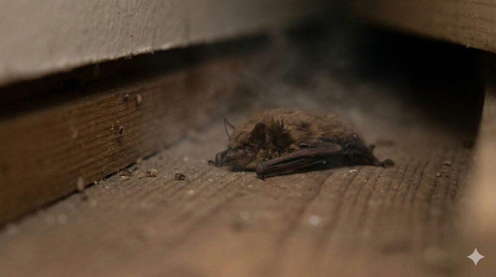 屋内深くで見つかった小さなコウモリの死骸と二次被害を示唆するダニのような微細な虫