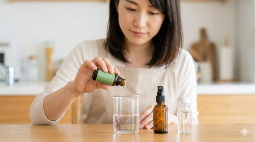 自宅のキッチンでハッカ油スプレーを自作する日本人女性の手元と材料