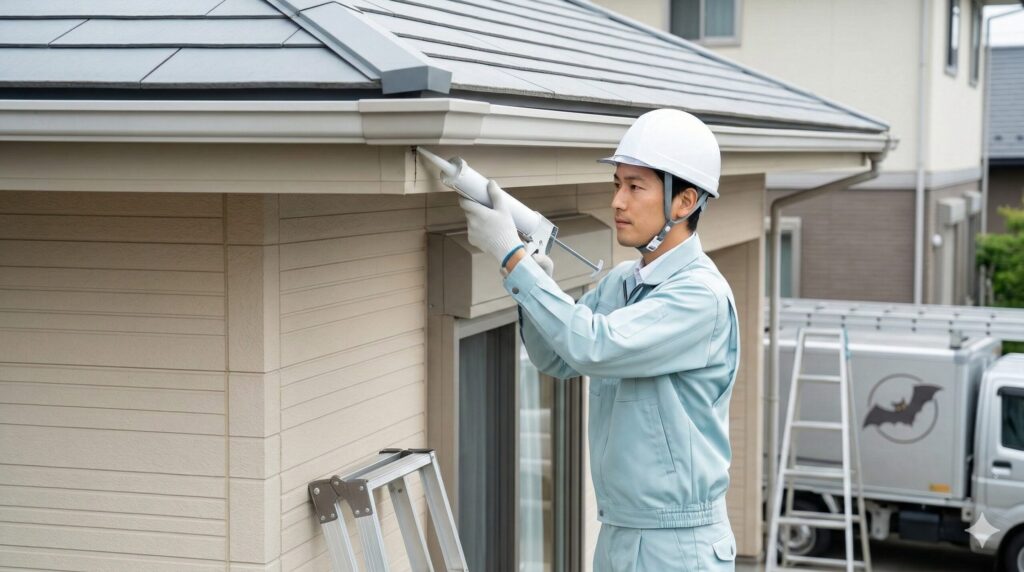 住宅の軒下で、コウモリの侵入口となる小さな隙間をコーキング材で封鎖する日本人専門業者