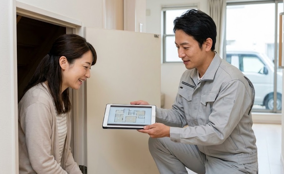 コウモリ駆除を専門業者に依頼し、安心した表情で説明を受ける日本人女性と専門スタッフ