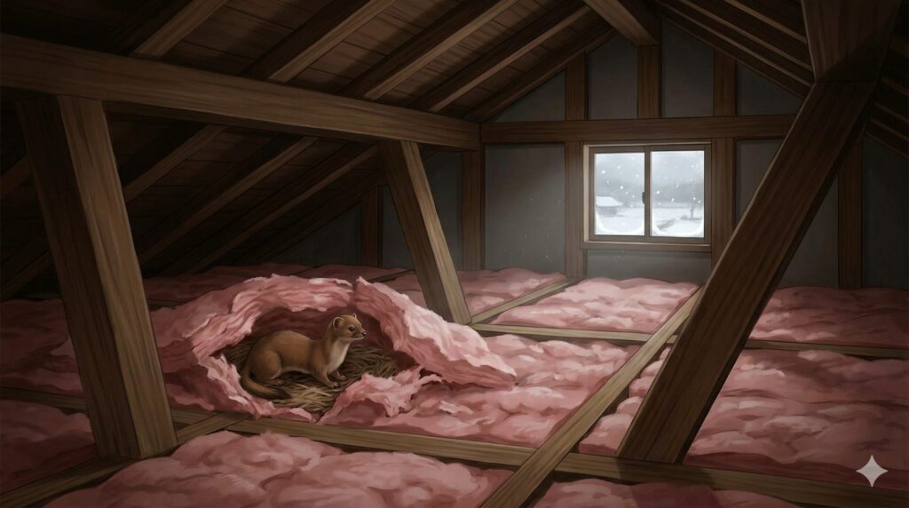 冬の寒い時期、日本家屋の屋根裏の断熱材に巣を作るイタチ。