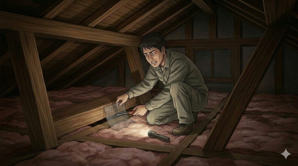 薄暗い屋根裏で、素人がイタチの侵入口を塞ごうと苦戦する様子。