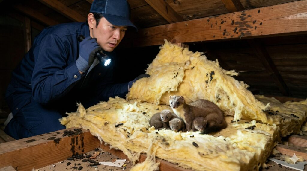 春の繁殖期に日本の民家の屋根裏で生まれたイタチの親子と、断熱材を引き裂かれた被害状況を調査するプロの駆除業者。