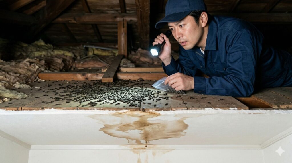 日本の住宅の屋根裏でイタチの溜め糞被害を調査するプロの駆除業者と、その下の部屋の天井にできた糞尿による大きなシミ。