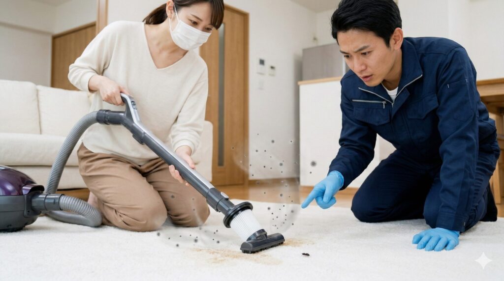 イタチが屋根裏に住み着いた日本の住宅で、乾燥した糞尿から発生したダニやノミによる空気汚染と健康被害を視覚化。