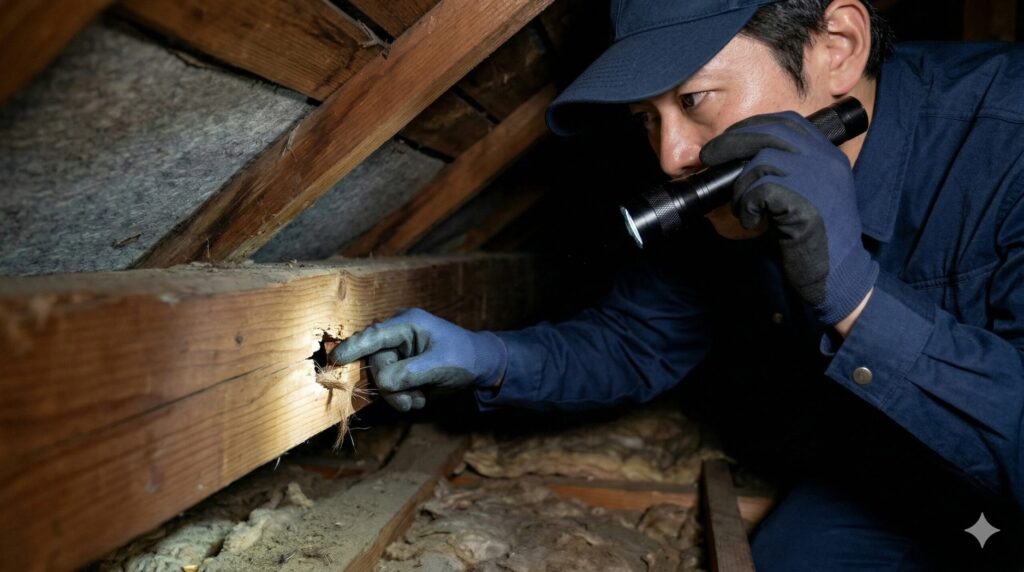 自力でのイタチ駆除が失敗しやすい日本の住宅の屋根裏で、わずか3センチの隙間から再侵入するイタチの形跡を調査するプロの駆除業者。