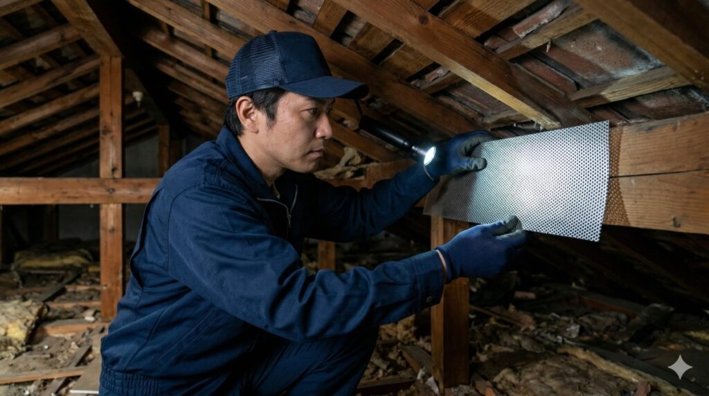 イタチ被害に遭った日本の住宅の屋根裏で、わずか3センチの隙間も逃さず、専用のパンチングメタル（金網）で完璧に封鎖するプロの駆除業者。