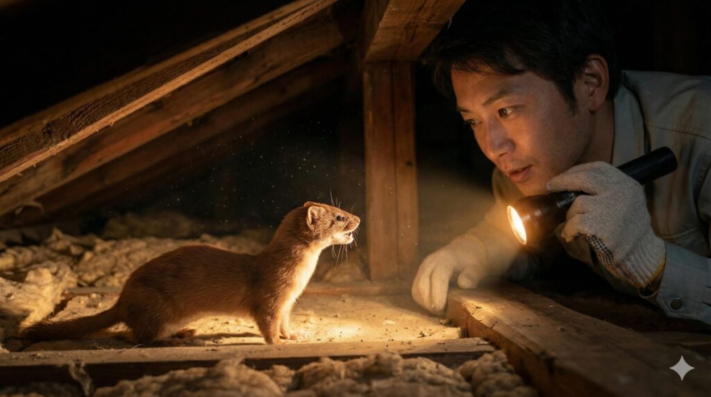 夜の屋根裏で、懐中電灯の光に照らされたイタチを観察する、作業手袋をはめた日本人男性。