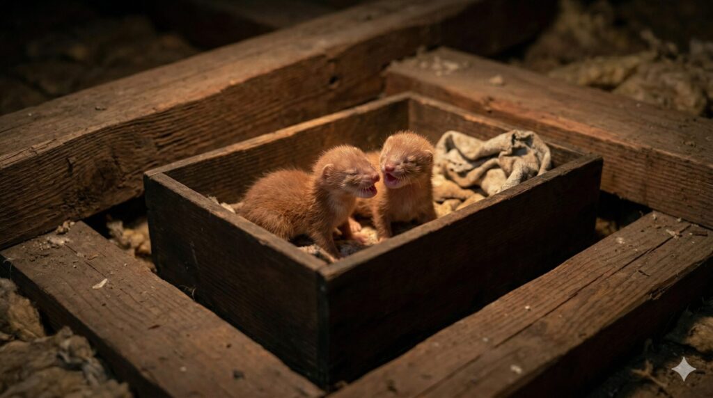 薄暗い屋根裏の巣で、身を寄せ合って鳴いている2匹のニホンイタチの赤ちゃん。