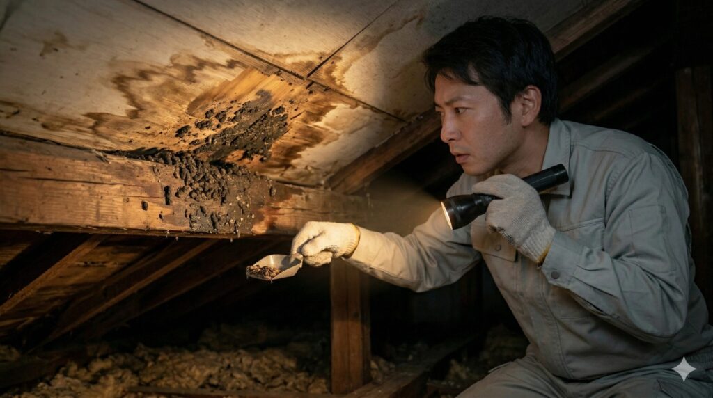 イタチの「溜めフン」習性により、屋根裏の天井建材が激しく汚損し、腐食している様子を調査する日本の害獣駆除業者。