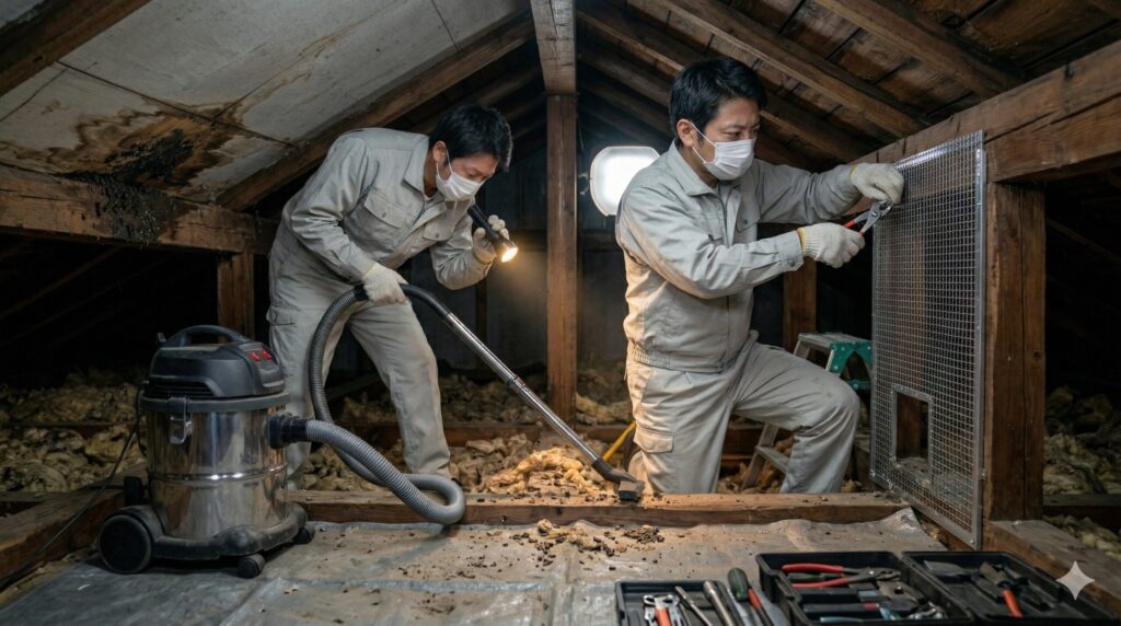 薄暗い屋根裏で、強力なバキューム掃除機と金網を用いて、イタチの排泄物清掃と侵入経路封鎖工事を行う、マスクを着用した2人の日本人駆除専門家。