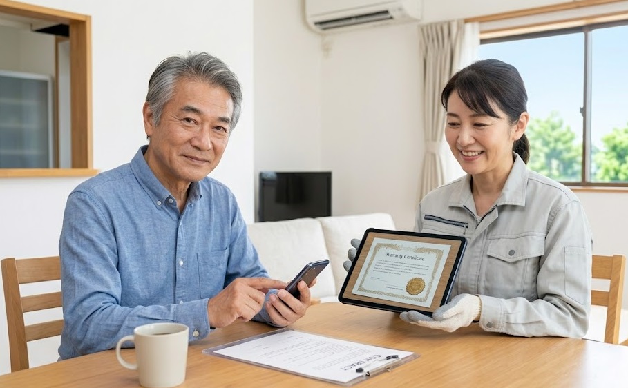 明るいリビングで、駆除完了後の「長期保証」が明記された保証書をタブレットで確認し、笑顔で駆除業者と話す日本の高齢男性。