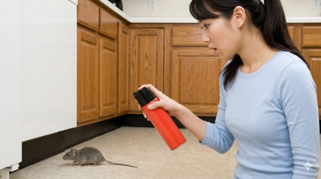 キッチンでネズミに遭遇し、とっさに虫用殺虫剤を構えるアジア人女性。ネズミ駆除の初期対応の難しさを表すイメージ
