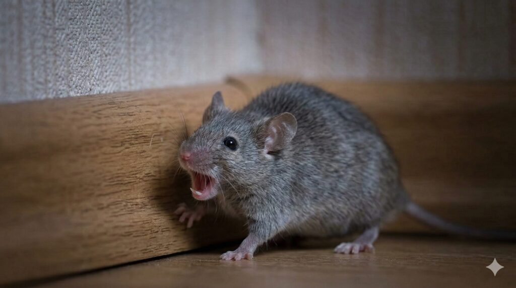 殺虫剤をかけられパニック状態で噛み付こうとするネズミ。追い詰められた害獣の危険性を描写