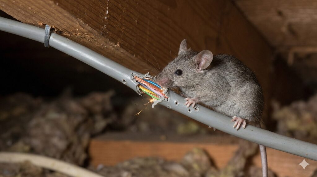 暗い天井裏で電気配線をかじるネズミ。漏電や殺虫剤への引火による火災リスクを警告