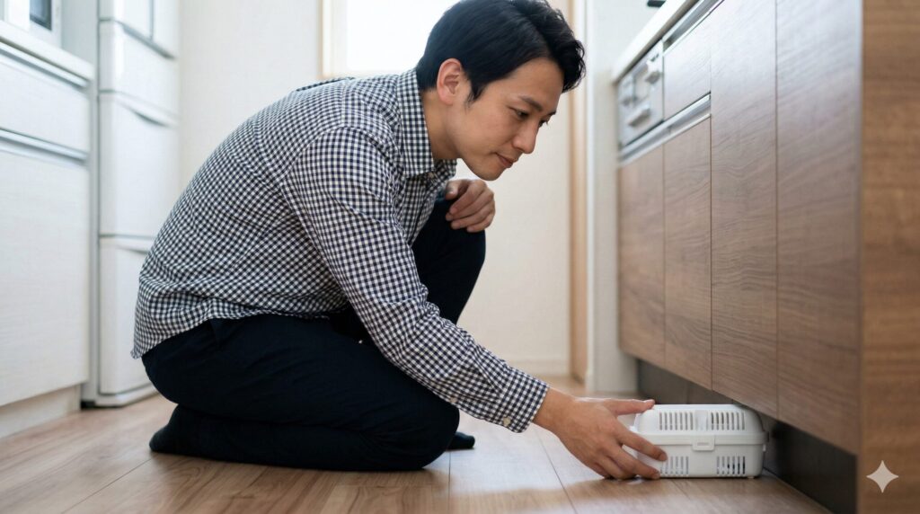 キッチンの流し台の下にネズミ専用の忌避剤(きひざい)を設置するアジア人男性。安全な追い出し対策の推奨