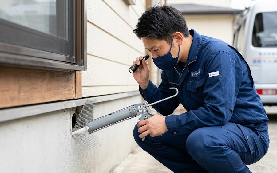 住宅の外壁と基礎の隙間を金網で塞ぐ専門の害獣駆除業者。ネズミ侵入経路の完全封鎖作業