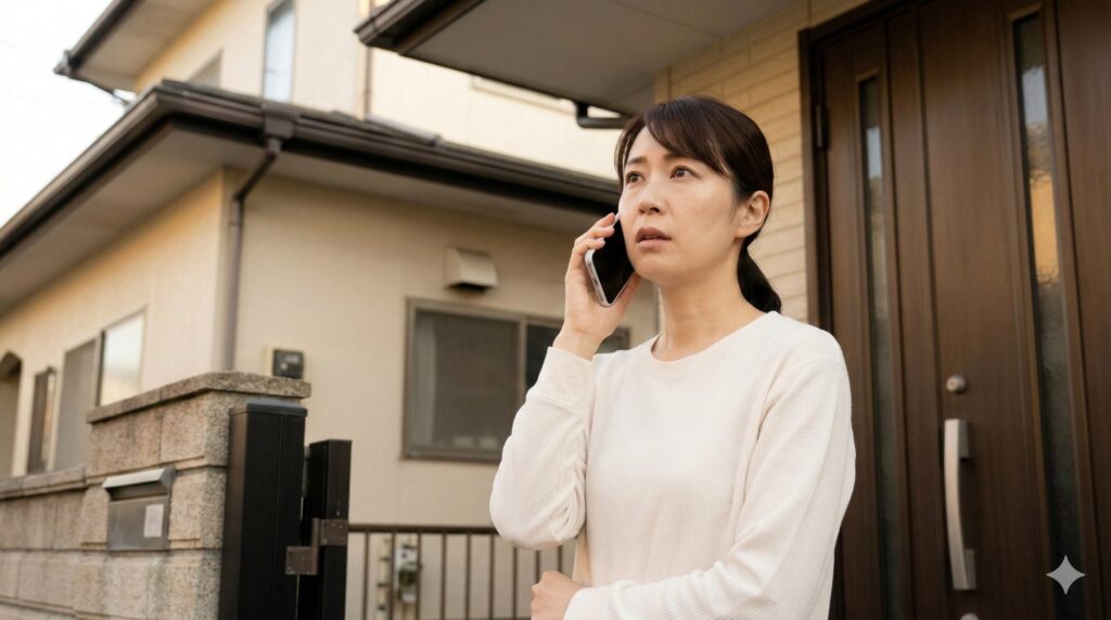 さいたま市の自宅で、アライグマの被害についてスマートフォンで相談窓口に電話をかける日本人女性。不安そうな表情で、生活圏への害獣侵入に対する初期対応と、行政への連絡の重要性を表現している。