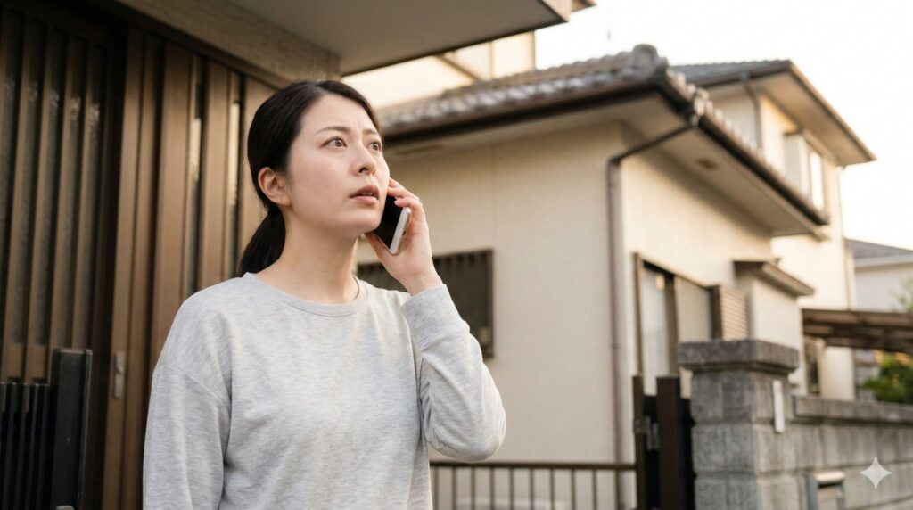 さいたま市の自宅で、アライグマの被害について区役所のくらし応援室などの公式窓口に電話で相談する、少し不安そうな表情の日本人女性。