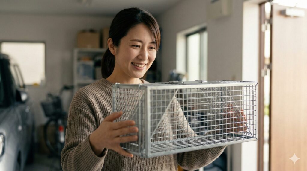 さいたま市の自宅で、行政から貸し出されたアライグマ捕獲用の金属製箱わな(捕獲器)を手に持つ、少し安心した表情の日本人女性。