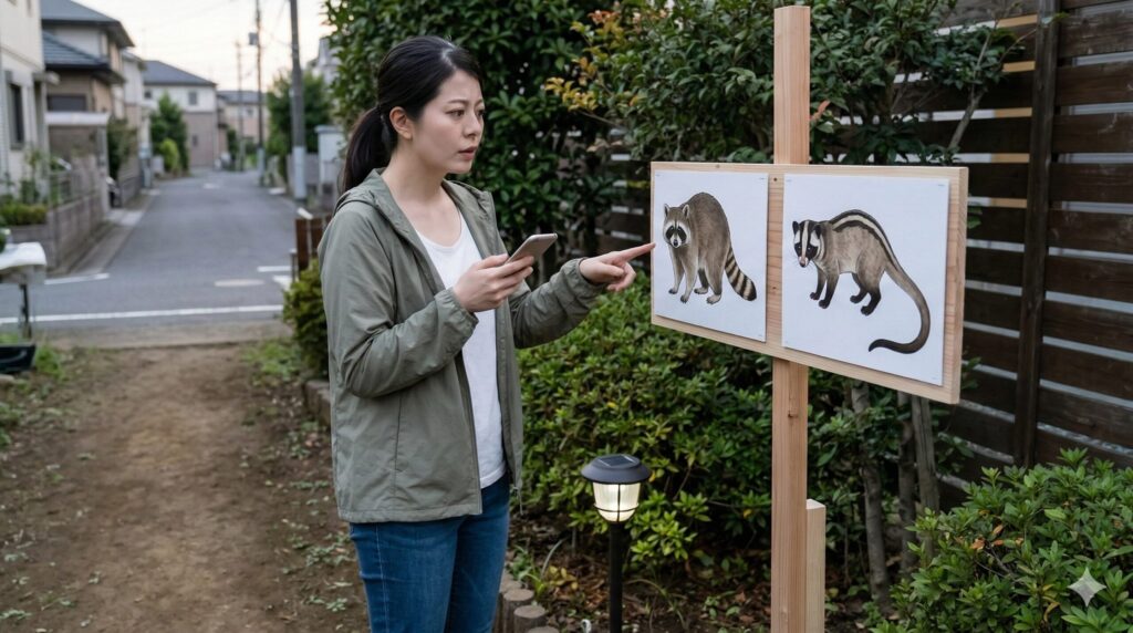 さいたま市の自宅の庭で、スマートフォンを手に、アライグマ(目の周りの黒いマスク、尻尾の縞模様)とハクビシン(鼻の白い縦筋、細長い尻尾)の特徴を比較して見分けようとしている日本人女性