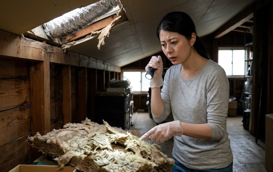 さいたま市の自宅で、アライグマに侵入された屋根裏(天井裏)の状態を確認し、引き裂かれた断熱材を見て表情を曇らせる、少し疲れが見える日本人女性。家屋への深刻な被害の実態を表現している。