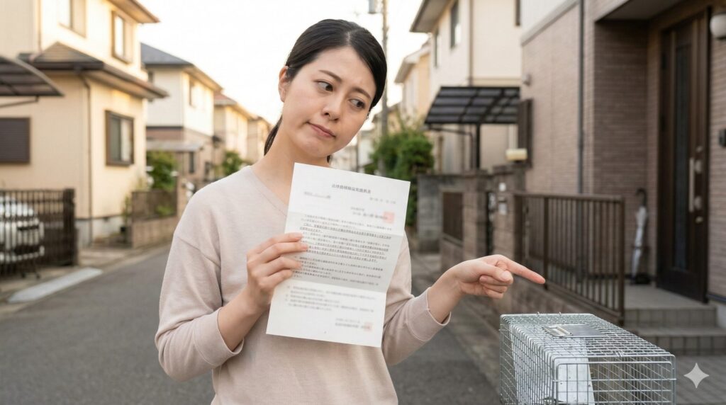 さいたま市の自宅の庭で、スマートフォンを手に、アライグマ(目の周りの黒いマスク、尻尾の縞模様)とハクビシン(鼻の白い縦筋、細長い尻尾)の特徴を比較して見分けようとしている日本人女性。