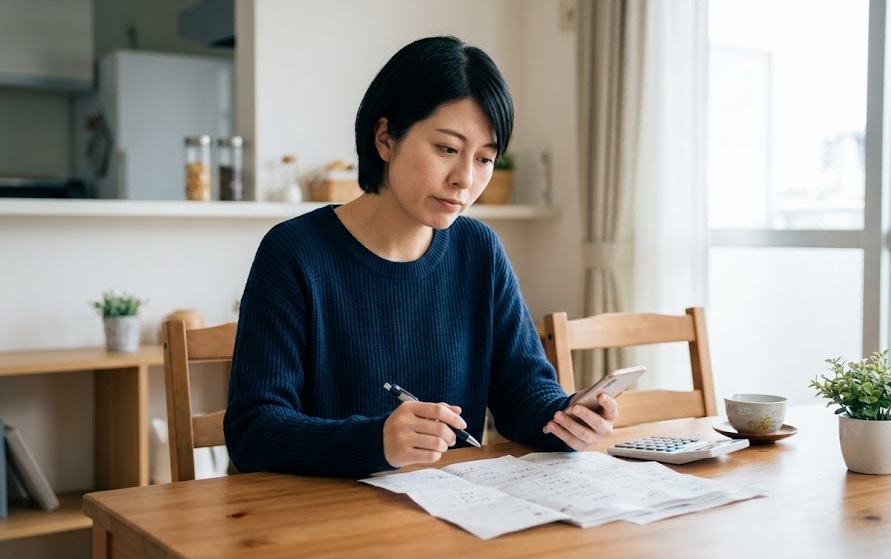 さいたま市の自宅で、アライグマ駆除業者から提示された見積書(金額が記載された複数の書類)を手に、少し厳しい表情で内容を確認する日本人女性。費用相場と実際の費用の比較を表現している。