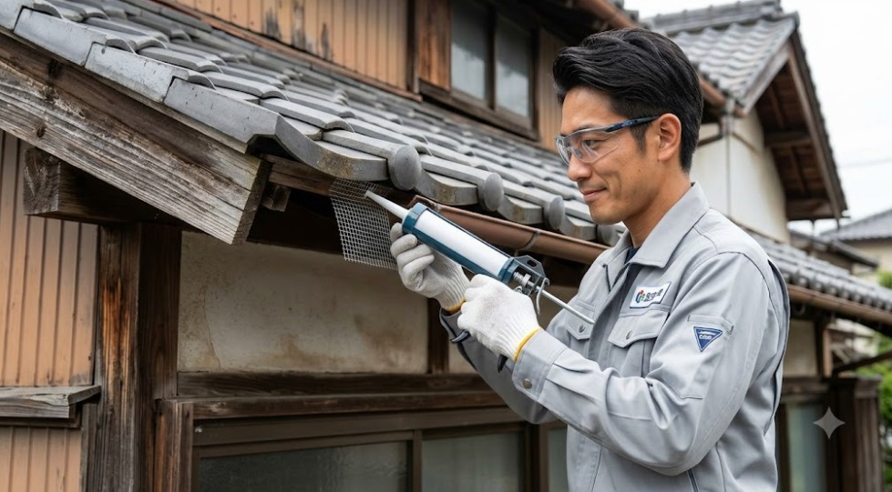 熟練した日本人男性の害獣駆除職人(30代、作業服、手袋、保護メガネ着用)が、日本の古い一軒家の床下換気口にあるわずかな隙間を、金属製のパンチングメタルとコーキングガン(専用パテ)を使用して丁寧に塞いでいる施工風景。ミリ単位の隙間も見逃さない完全封鎖の技術力と、信頼できるサービスの詳細を視覚化。