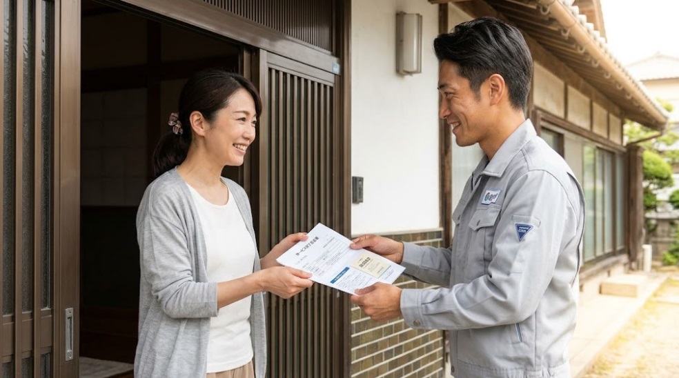 日本の一軒家の玄関先で、施工完了後に日本人男性の職人(30代、作業服)が、安堵した表情の日本人女性客(40代、マスク着用)に、詳細な「サービス完了証明書」と「10年破損保証証書」を丁寧に手渡している様子。職人は誠実な笑顔で、女性も信頼と安心を感じている。明朗会計と手厚い保証による信頼性を強調。