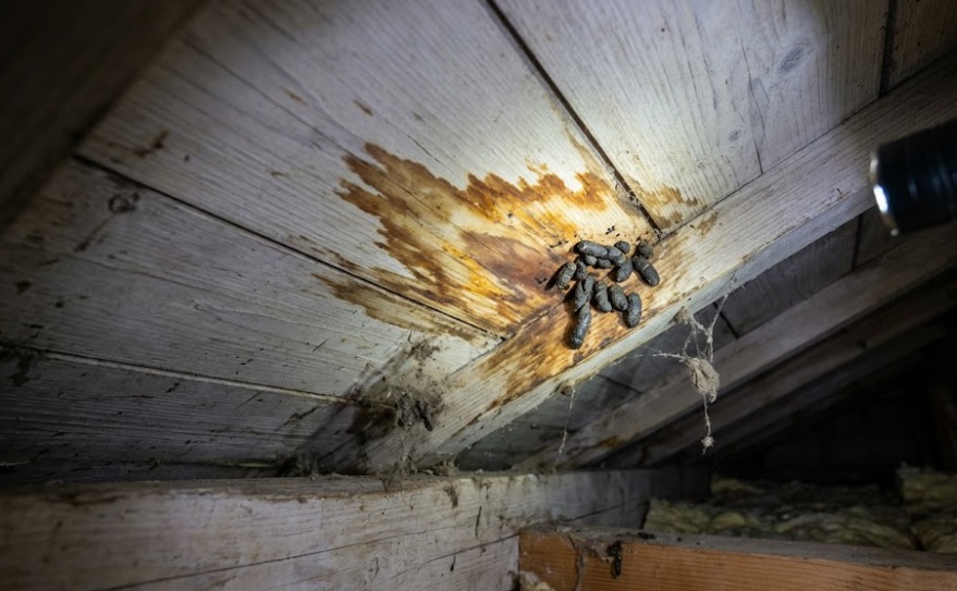 日本の住宅の屋根裏で、天井の木材に広がったハクビシンの糞尿によるシミと糞の跡。懐中電灯で照らされている。