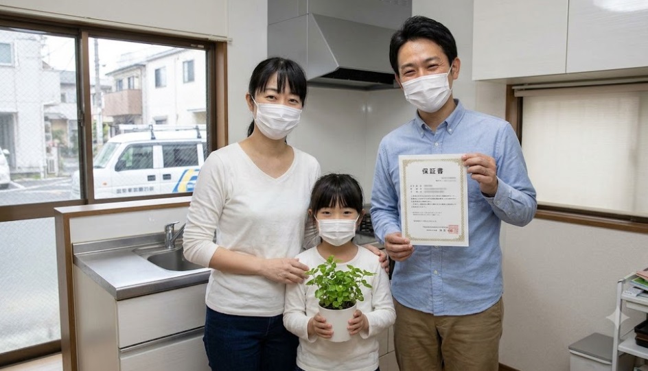 害獣駆除の施工後、日本人のスタッフ(30代男性)が笑顔で施工箇所(棚)の状態を確認し、日本人の女性(40代、マスク着用)に長期破損保証(10年保証)の証書を手渡して安心させている様子。