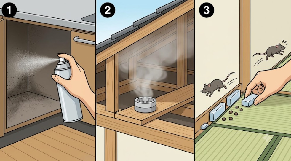 ネズミ忌避剤の3つのタイプ(スプレー、くん煙、設置型)の効果的な使い方を視覚的に解説する、文字のないインフォグラフィック。日本の家庭環境での使用例。