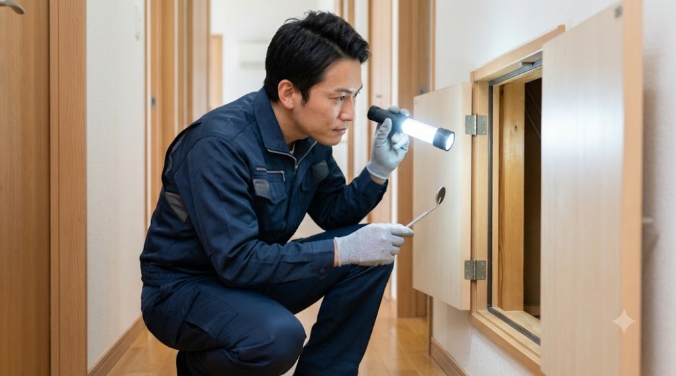 一般住宅の廊下で、屋根裏の点検口を丁寧に調査するプロのネズミ駆除業者(日本人男性)。LEDライトと点検鏡を使い、侵入口を特定する専門的な作業風景。