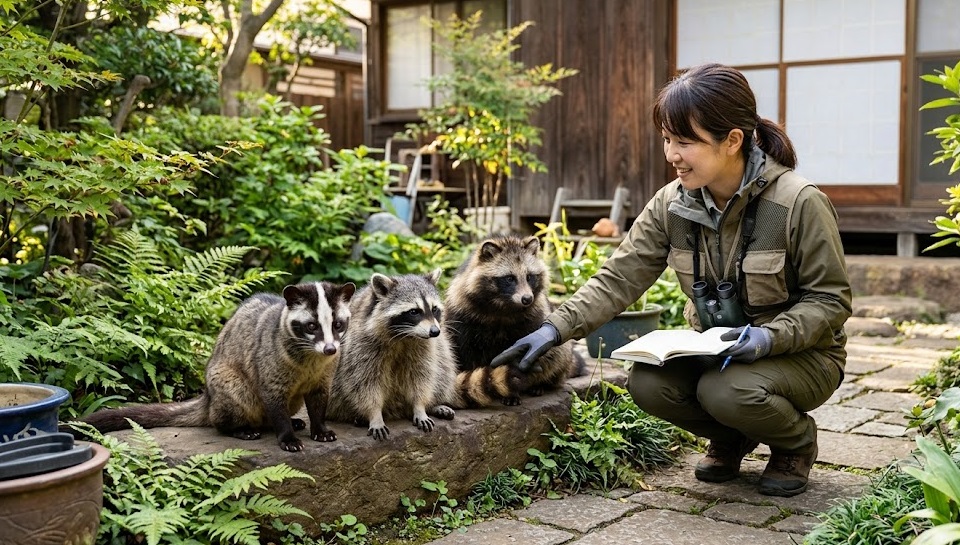 武蔵野市の住宅の庭先で、日本人女性の野生動物専門家が、ハクビシン、アライグマ、タヌキの3匹の見た目の違い(顔の模様や尻尾)を並べて比較・解説している様子。