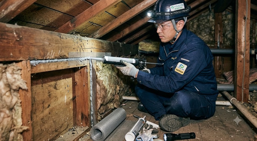 武蔵野市の住宅の屋根裏で、ペスコンPro(推奨駆除業者)の日本人作業員が、ハクビシンの再侵入を防ぐために、壁と屋根のわずかな隙間を専門的な資材で完全に封鎖している様子。